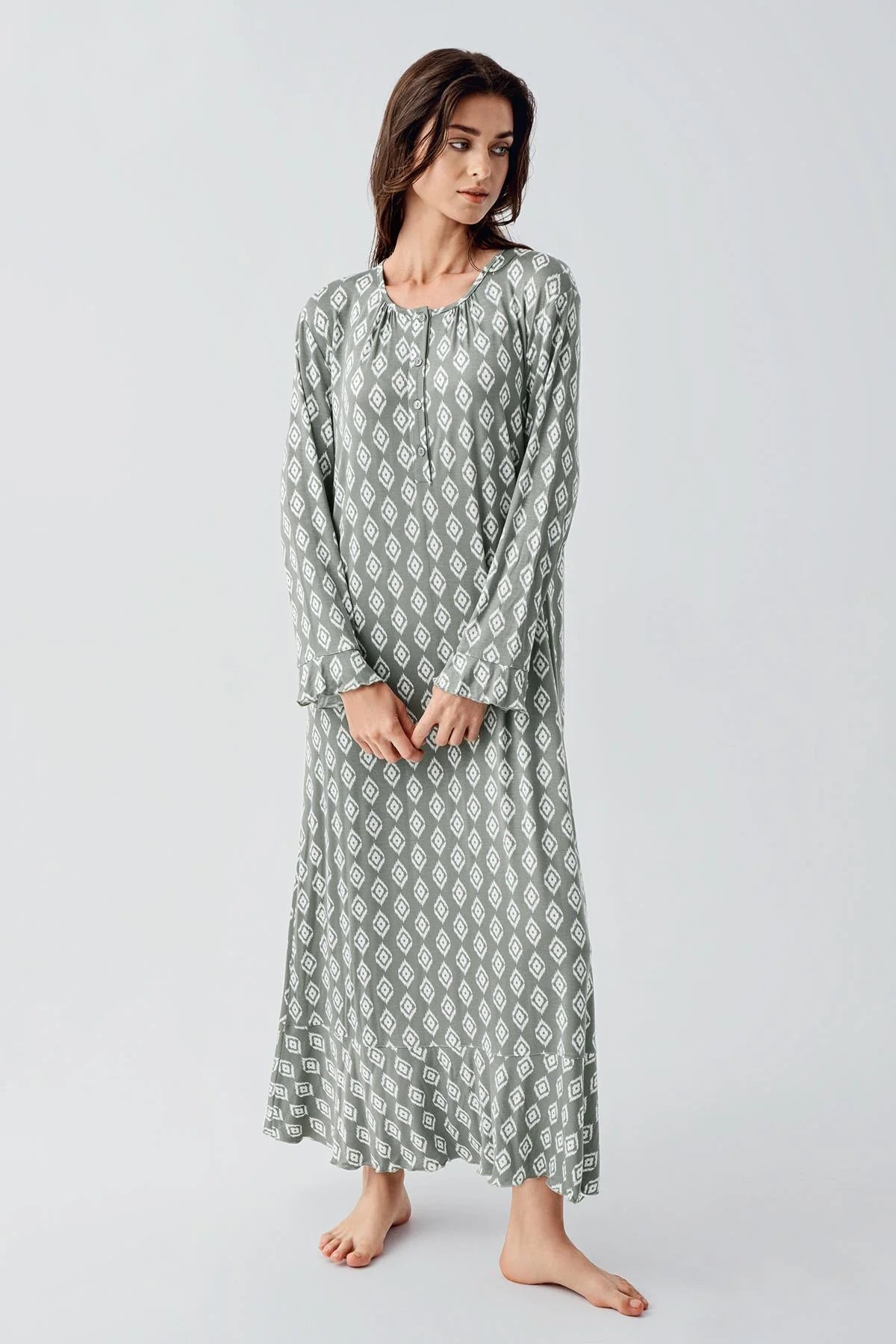 Patterned Maternity & Nursing Nightgown Green - 21101