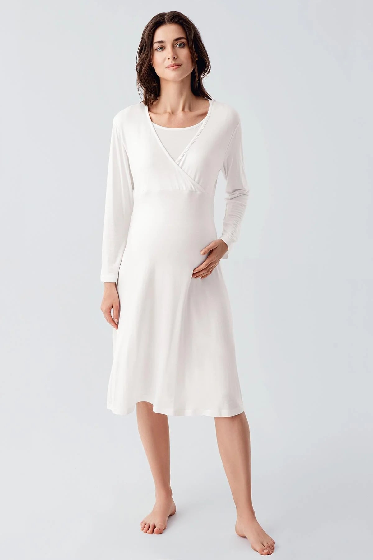 Melange Double Breasted Maternity & Nursing Nightgown Ecru - 21105