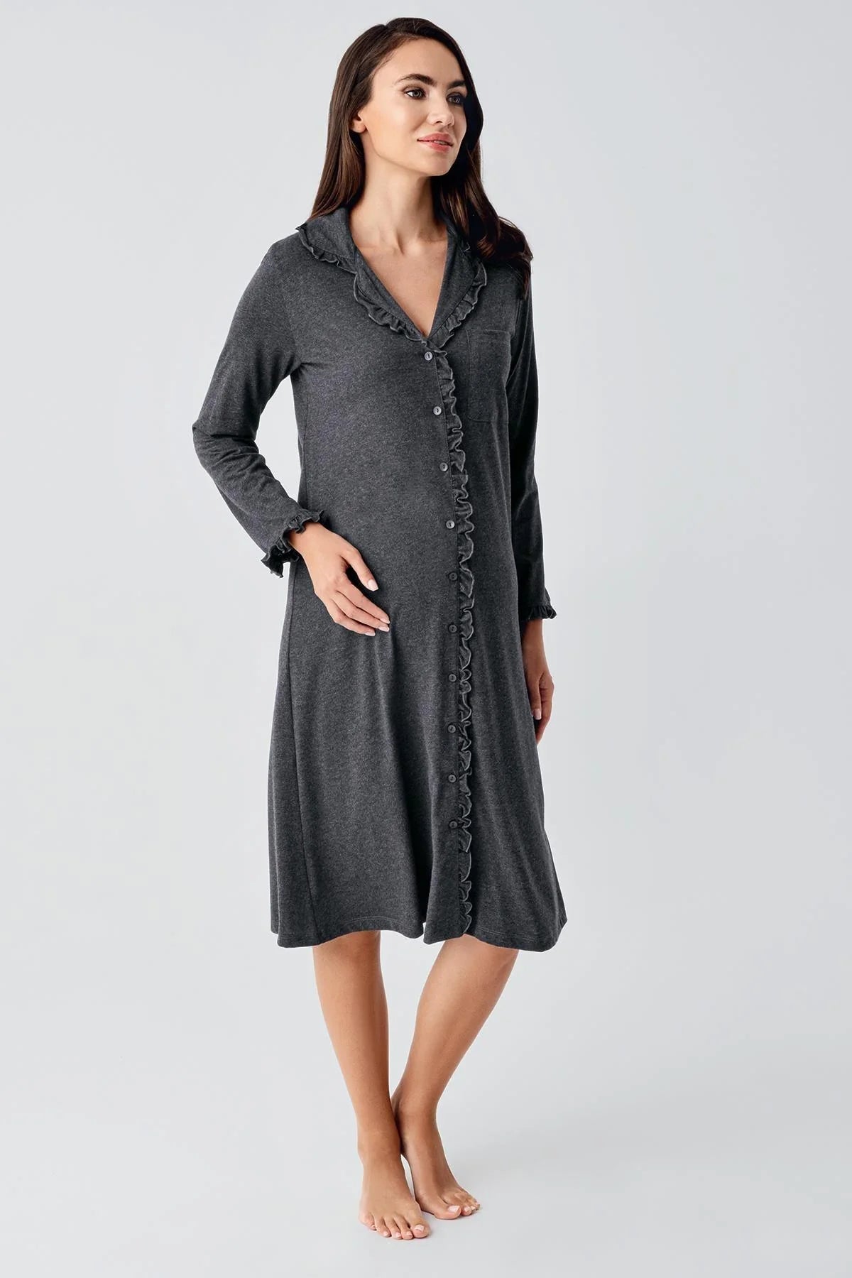 Cotton Melange Maternity & Nursing Nightgown Anthracite - 21112