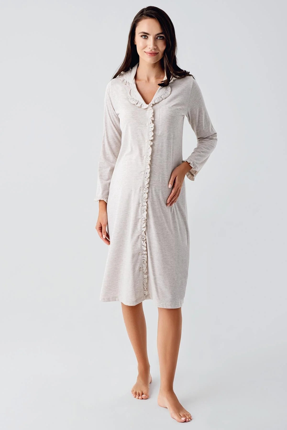 Cotton Melange Maternity & Nursing Nightgown Beige - 21112