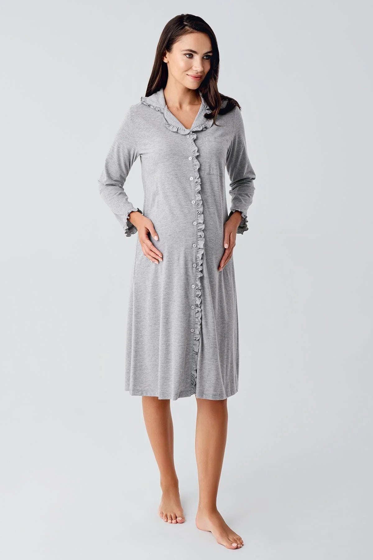 Cotton Melange Maternity & Nursing Nightgown Grey - 21112