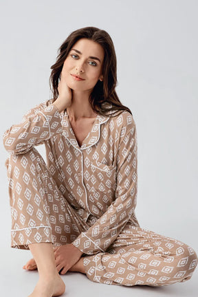 Patterned Maternity & Nursing Pajamas Beige - 22101