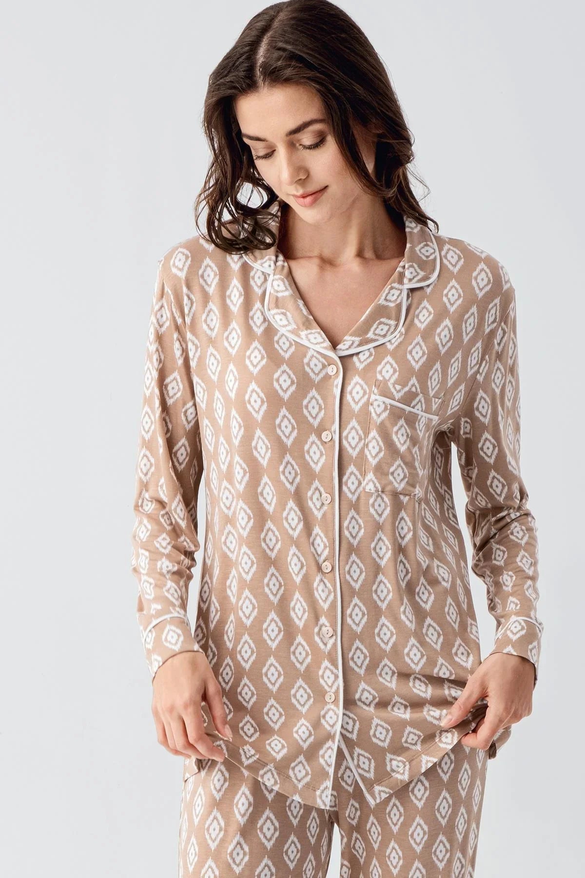 Patterned Maternity & Nursing Pajamas Beige - 22101