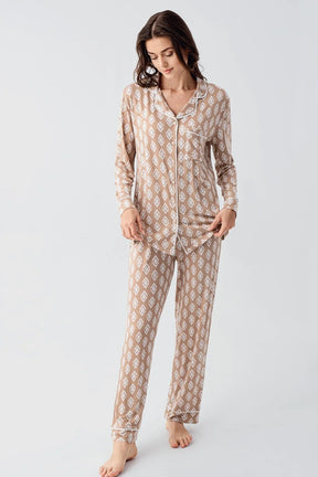 Patterned Maternity & Nursing Pajamas Beige - 22101