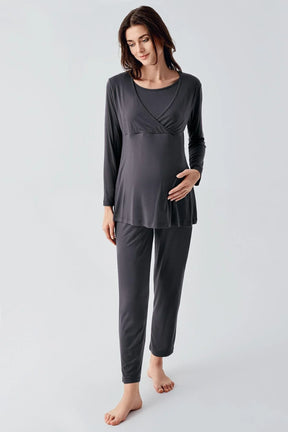 Melange Double Breasted 4 Pieces Maternity & Nursing Set Anthracite - 105105