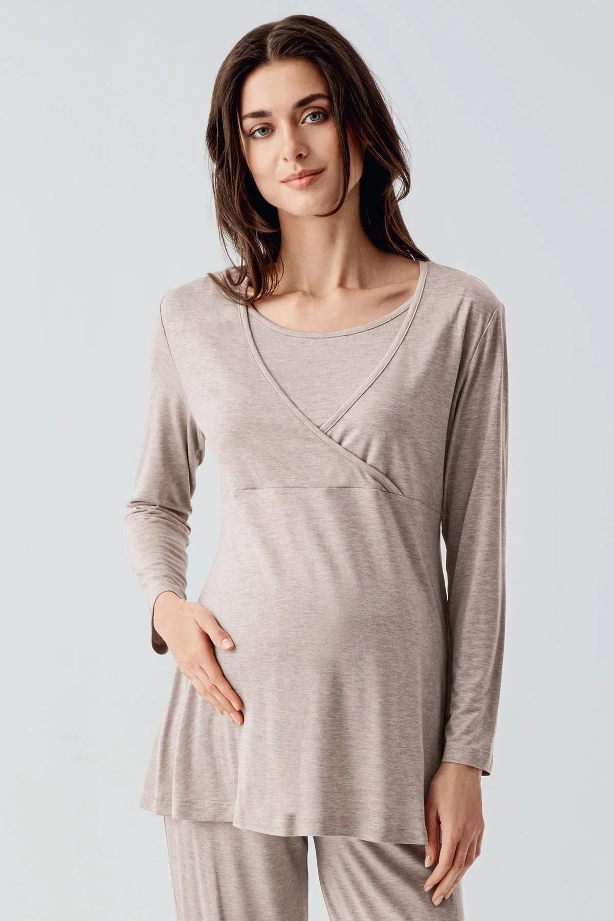 Melange Double Breasted Maternity & Nursing Pajamas Beige - 22105