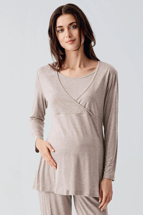 Melange Double Breasted Maternity & Nursing Pajamas Beige - 22105