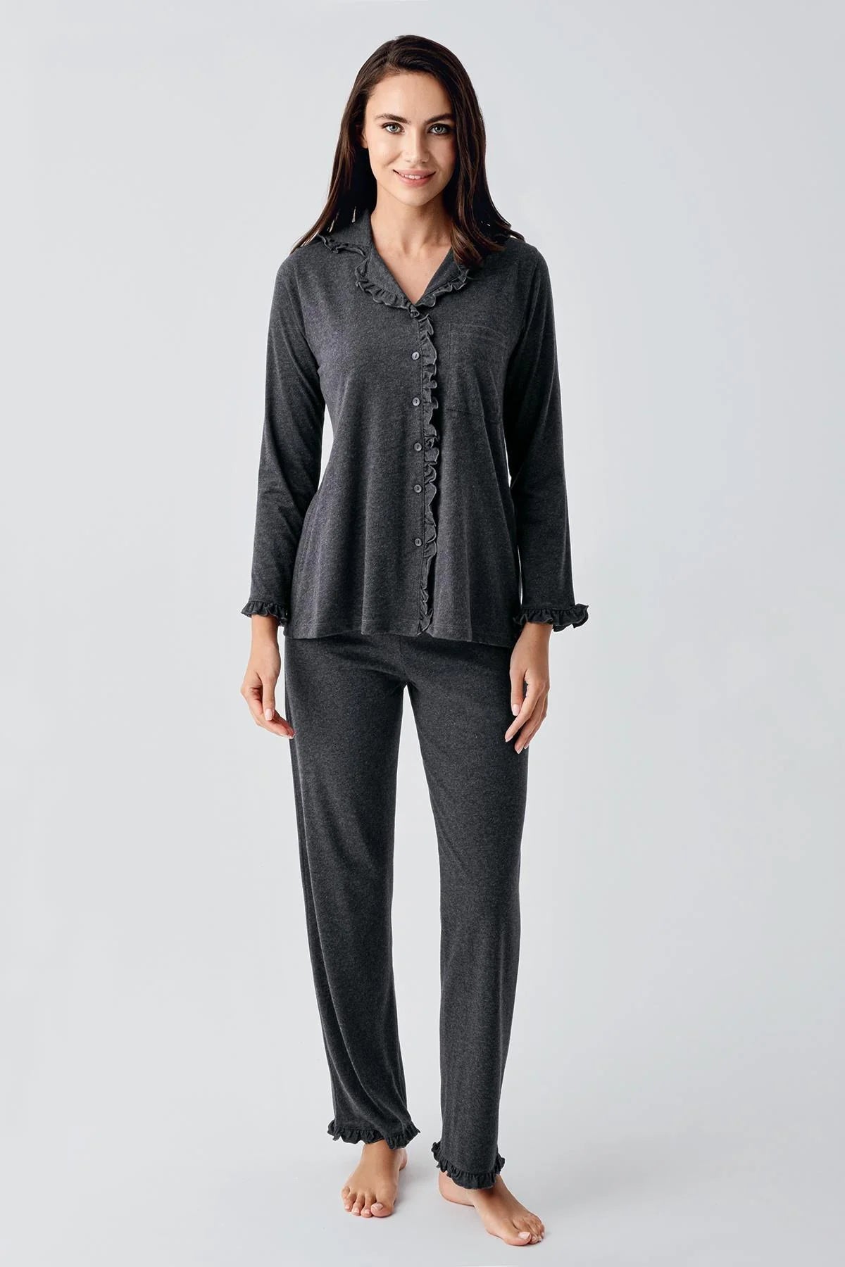 Cotton Melange Maternity & Nursing Pajamas Anthracite - 22112