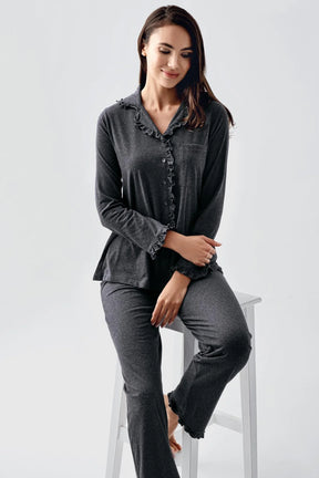 Cotton Melange Maternity & Nursing Pajamas Anthracite - 22112