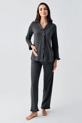 Cotton Melange Maternity & Nursing Pajamas Anthracite - 22112