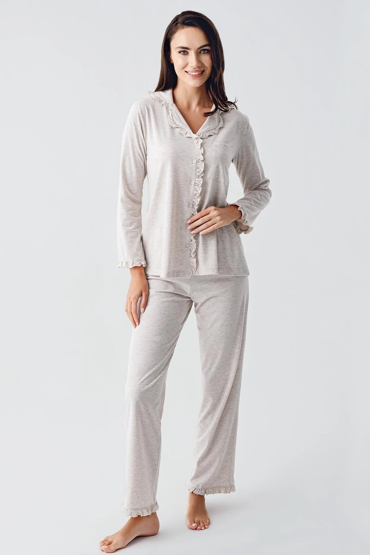 Cotton Melange Maternity & Nursing Pajamas Beige - 22112