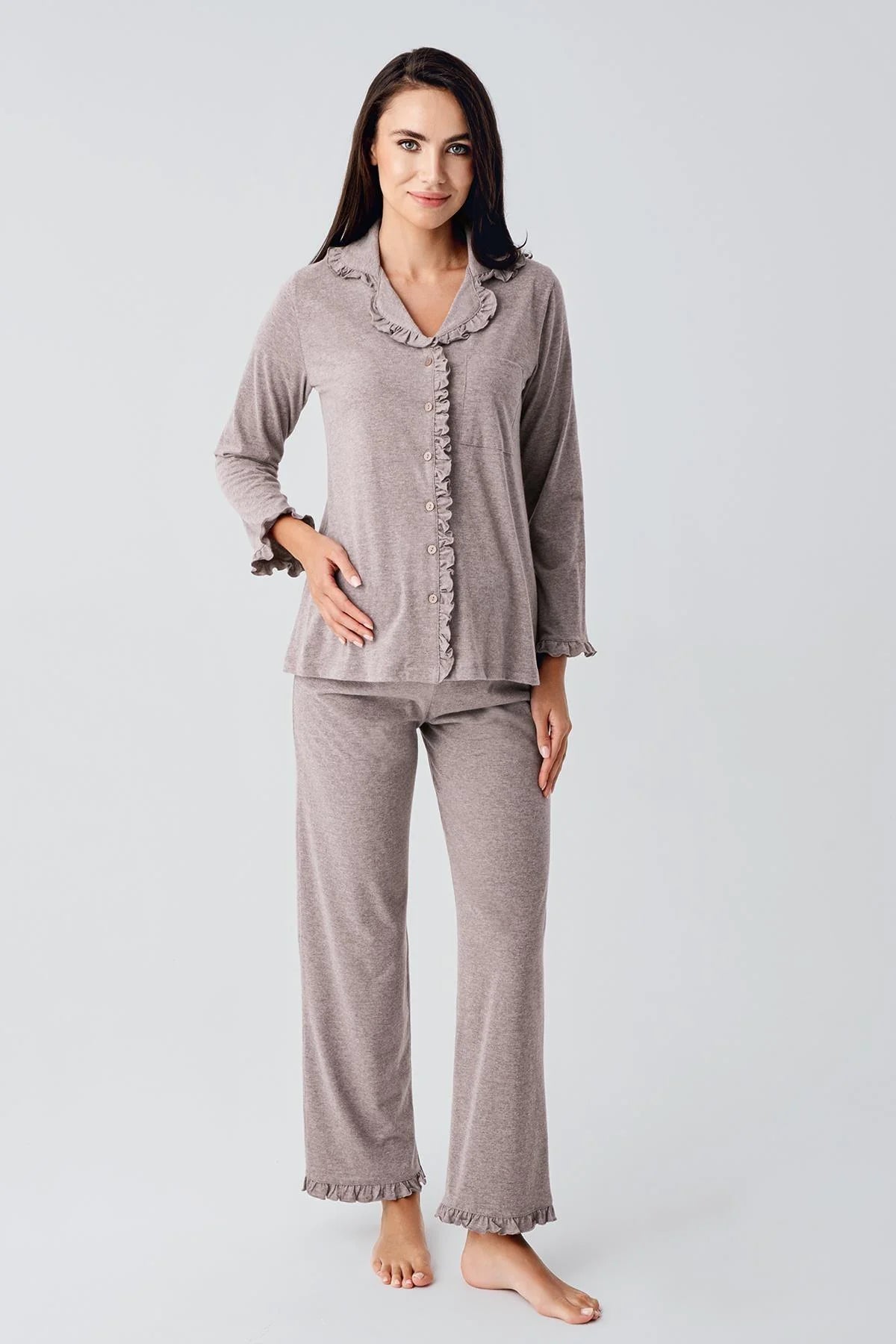 Cotton Melange Maternity & Nursing Pajamas Coffee - 22112