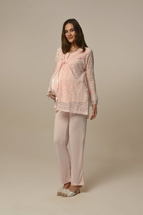 Lace Embossed 3-Pieces Maternity & Nursing Pajamas With Robe Powder - 22324