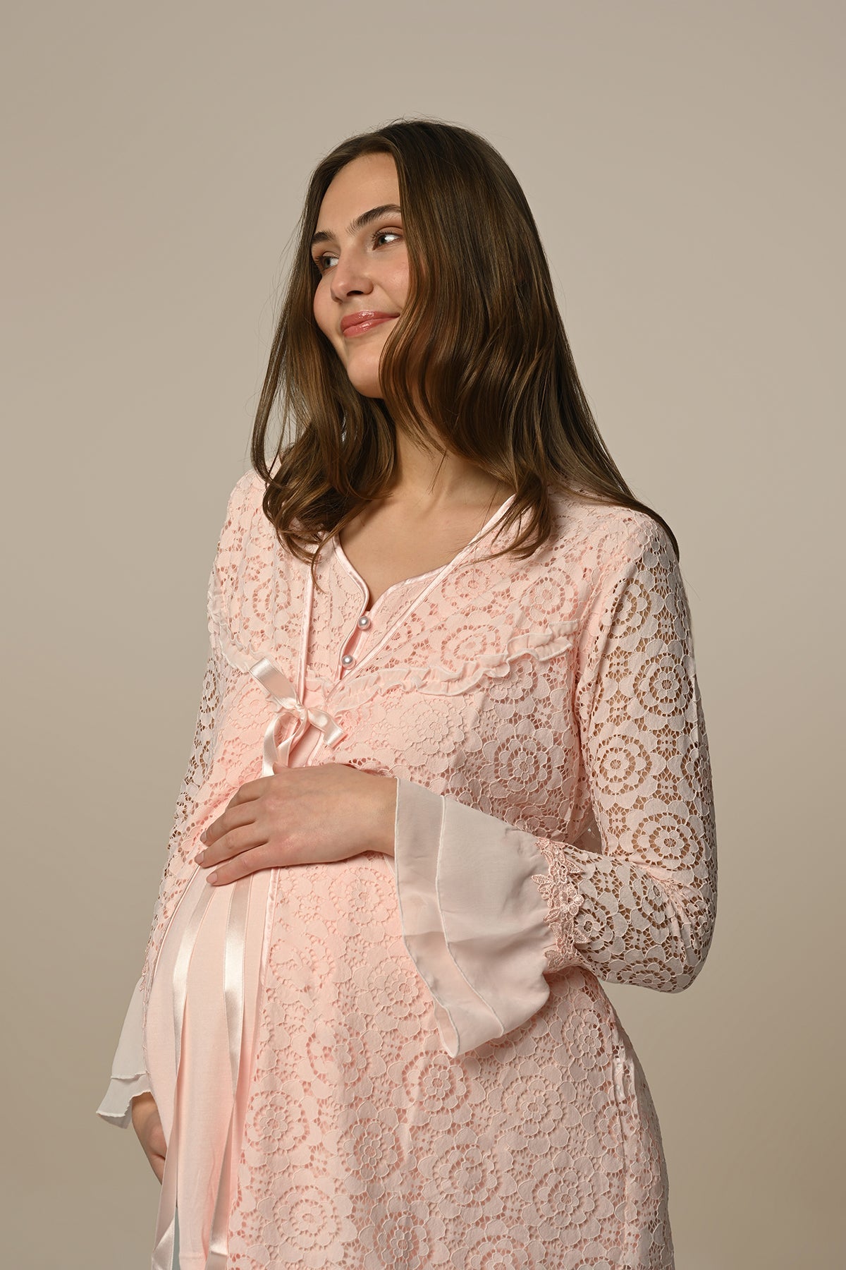 Lace Embossed 3-Pieces Maternity & Nursing Pajamas With Robe Powder - 22324