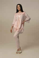 Tulle Lace 3-Pieces Maternity & Nursing Pajamas With Robe Powder - 22325