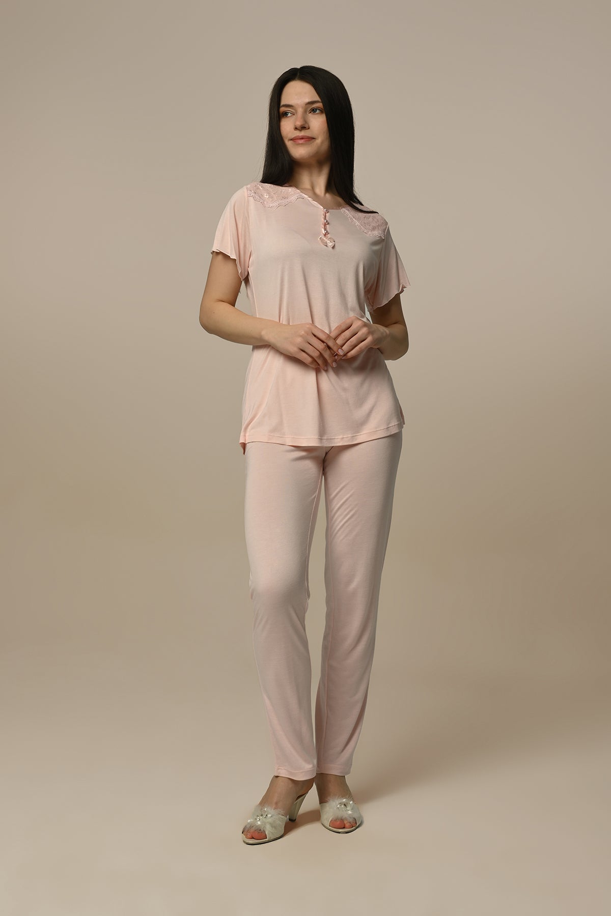 Tulle Lace 3-Pieces Maternity & Nursing Pajamas With Robe Powder - 22325