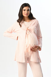 Lacy Collar 3-Piece Maternity-Nursing Pajama & Robe Set Pink - 22371