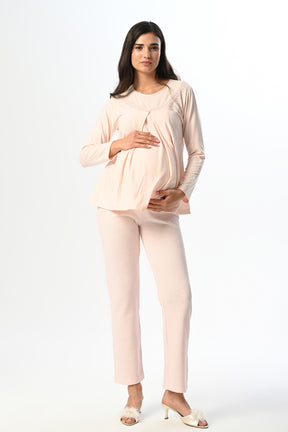 Lacy Collar 3-Piece Maternity-Nursing Pajama & Robe Set Pink - 22371