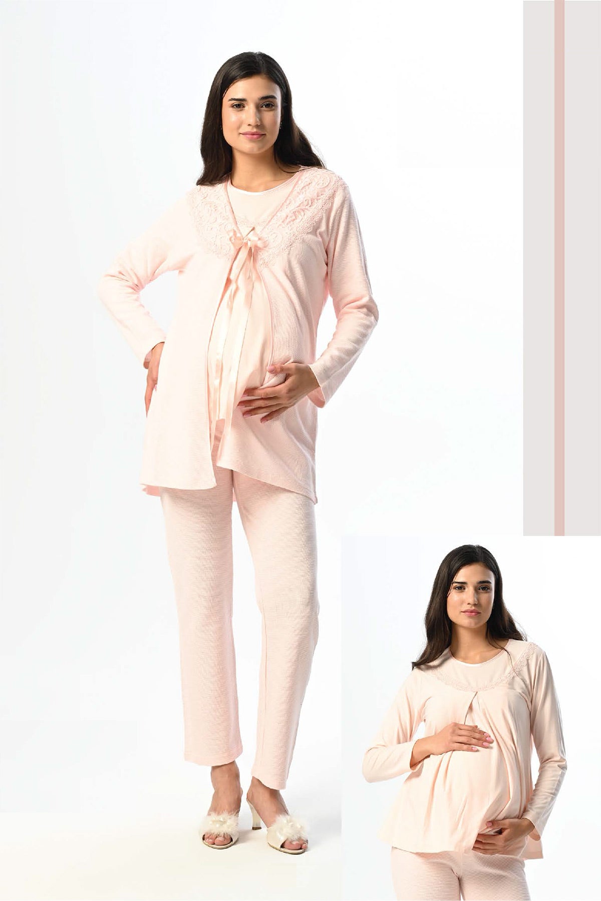 Lacy Collar 3-Piece Maternity-Nursing Pajama & Robe Set Pink - 22371