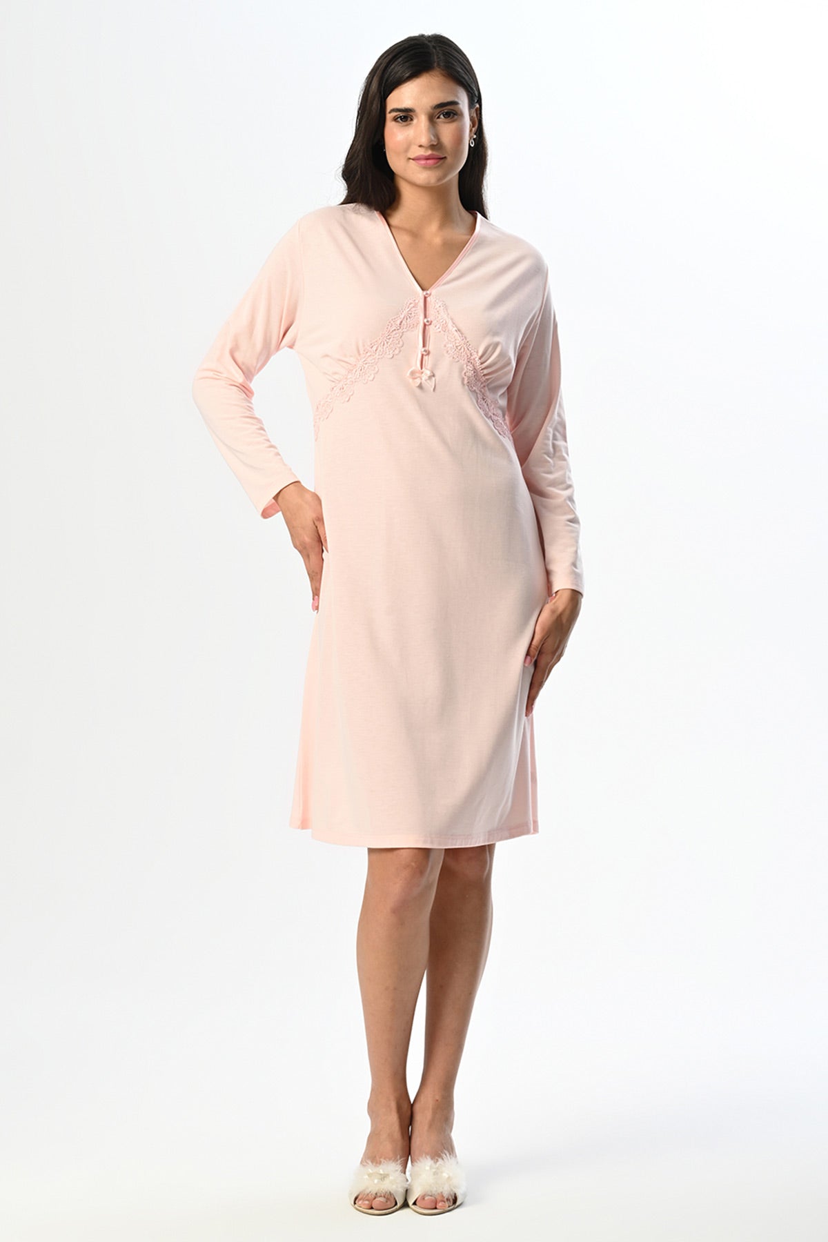 Lace Collar Maternity & Nursing Nightgown With Velvet Robe Powder - 22516