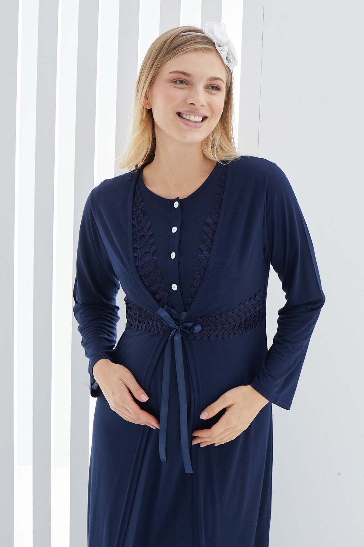 Guipure Maternity & Nursing Nightgown With Robe Navy Blue - 2264