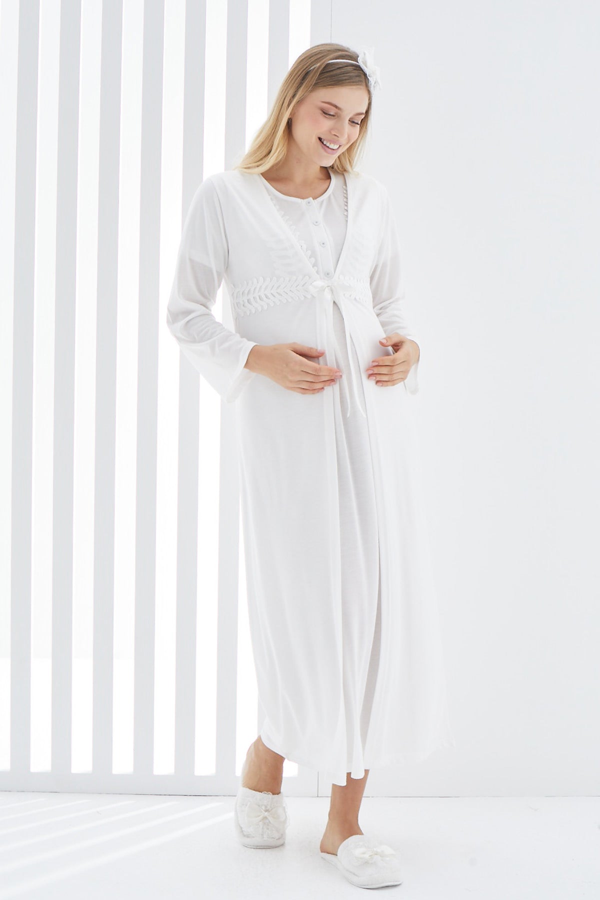 Guipure Maternity & Nursing Nightgown With Robe Ecru - 2264