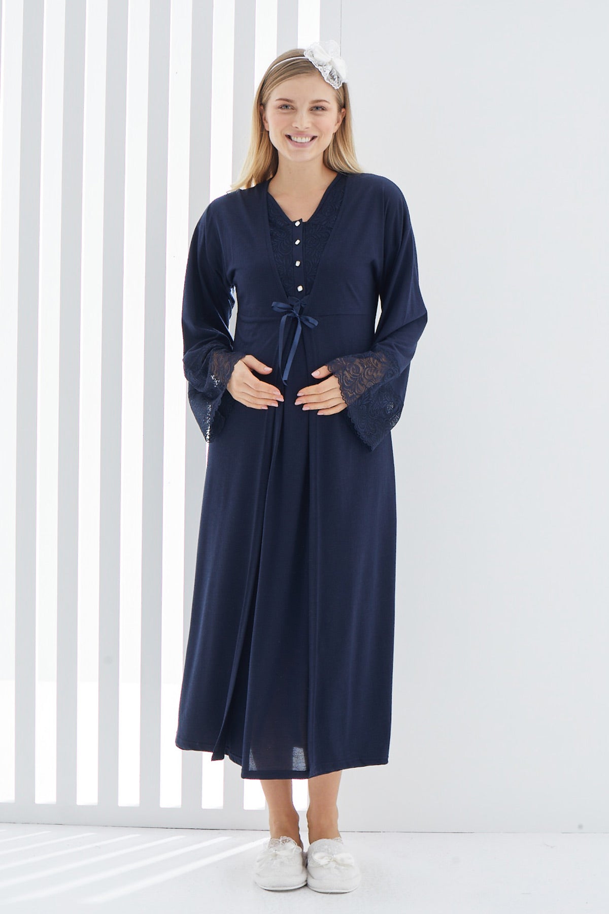 Maternity & Nursing Nightgown With Lace Flywheel Arm Robe Navy Blue - 2269