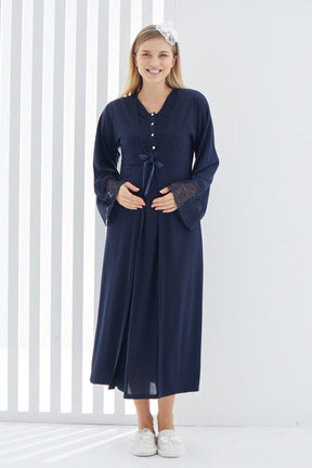 Maternity & Nursing Nightgown With Lace Flywheel Arm Robe Navy Blue - 2269