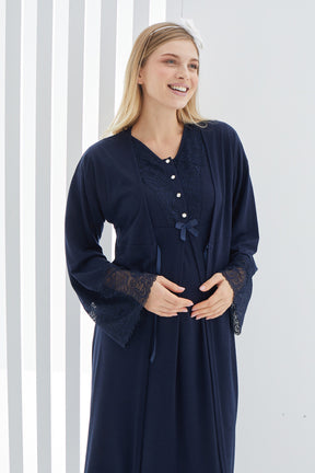 Maternity & Nursing Nightgown With Lace Flywheel Arm Robe Navy Blue - 2269