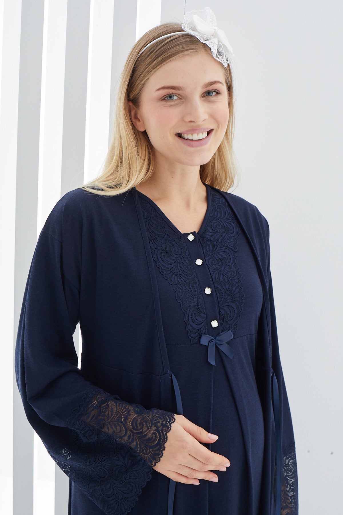 Maternity & Nursing Nightgown With Lace Flywheel Arm Robe Navy Blue - 2269