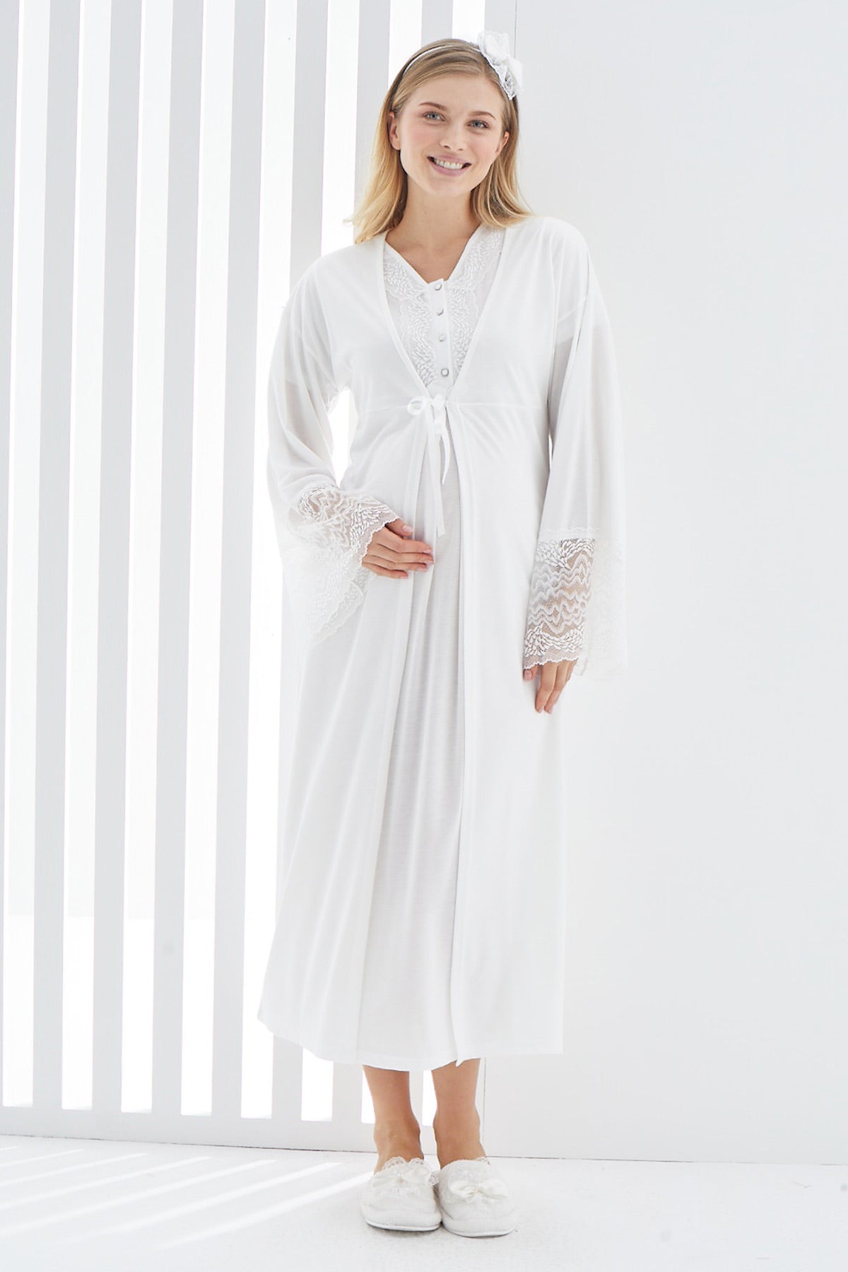 Lace Flywheel Arm Maternity-Nursing Nightgown & Robe Set Ecru - 2269