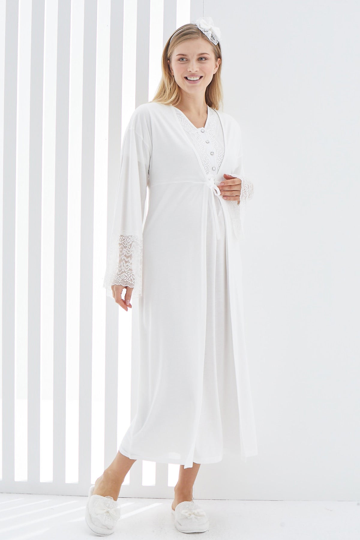 Lace Flywheel Arm Maternity-Nursing Nightgown & Robe Set Ecru - 2269