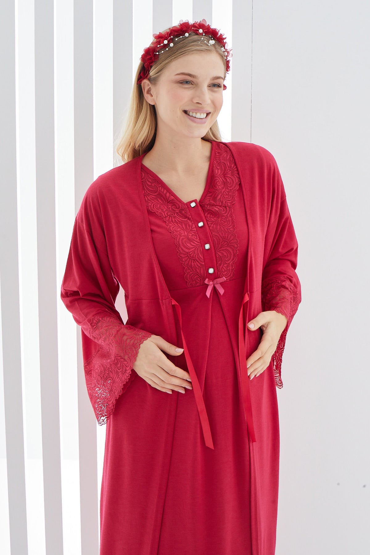 Maternity & Nursing Nightgown With Lace Flywheel Arm Robe Red - 2269