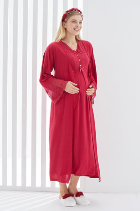 Maternity & Nursing Nightgown With Lace Flywheel Arm Robe Red - 2269