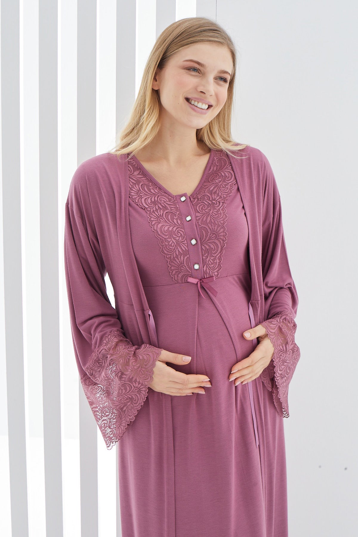 Maternity & Nursing Nightgown With Lace Flywheel Arm Robe Plum - 2269