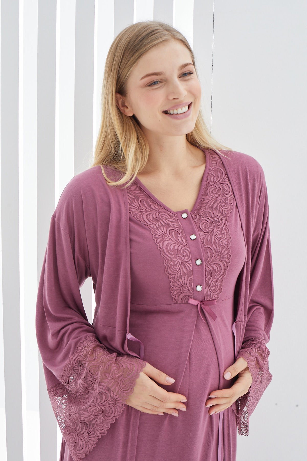 Maternity & Nursing Nightgown With Lace Flywheel Arm Robe Plum - 2269