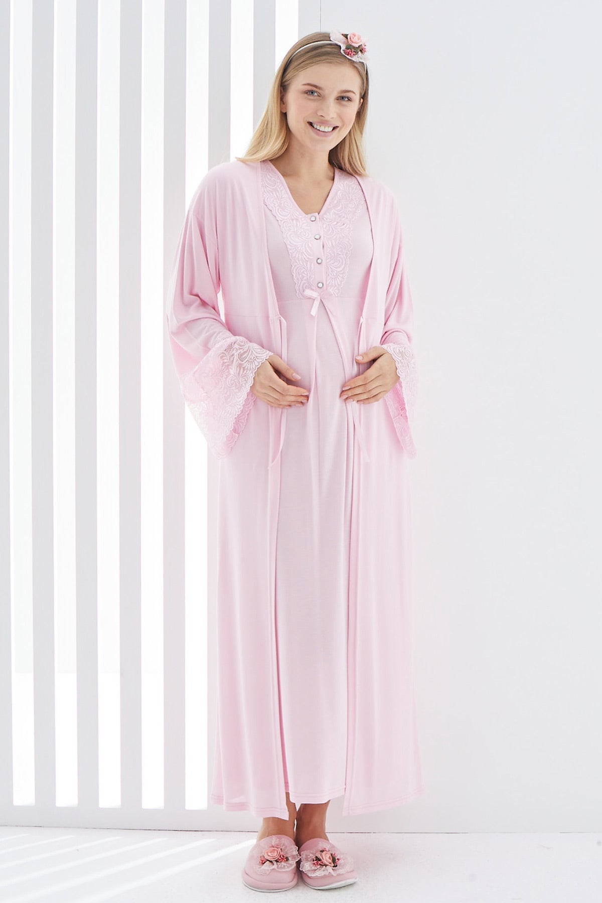 Lace Flywheel Arm Maternity-Nursing Nightgown & Robe Set Pink - 2269