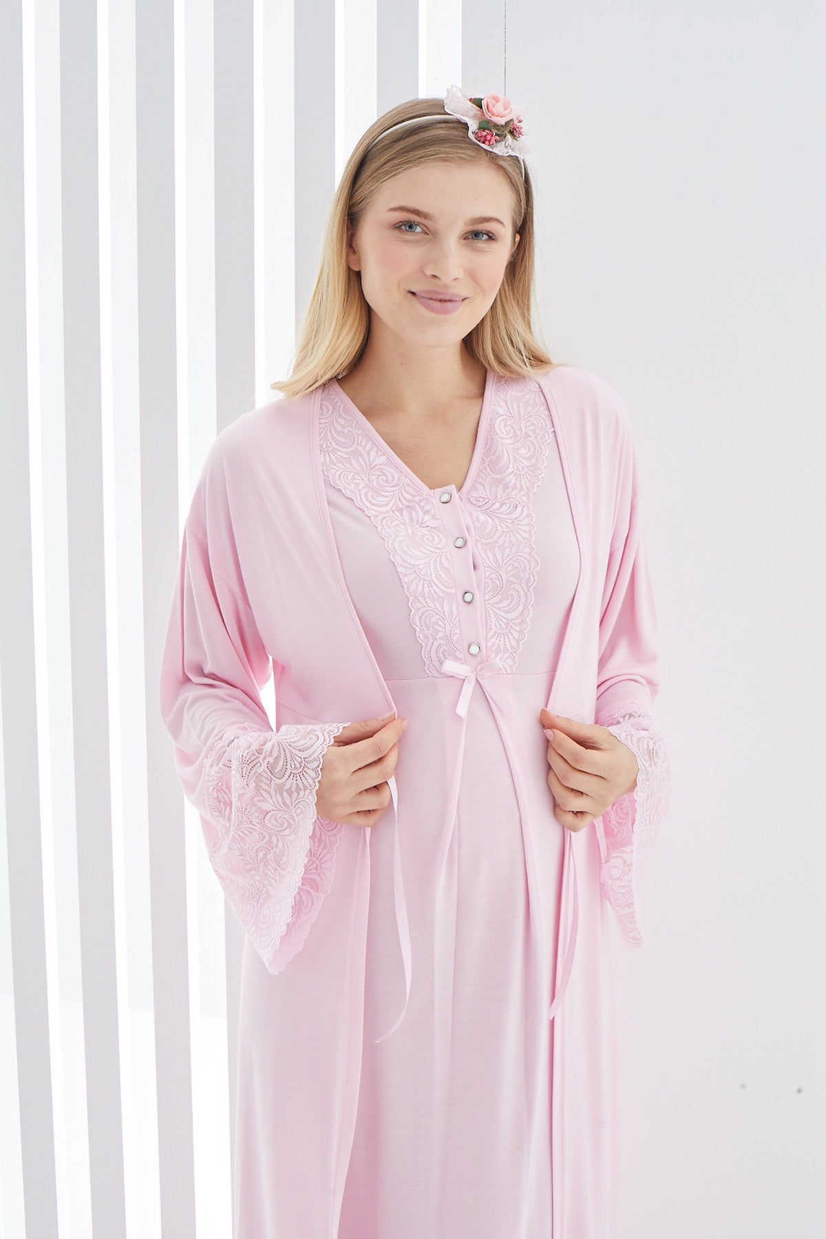 Maternity & Nursing Nightgown With Lace Flywheel Arm Robe Pink - 2269