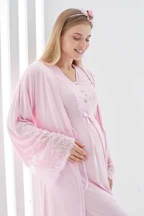 Maternity & Nursing Nightgown With Lace Flywheel Arm Robe Pink - 2269