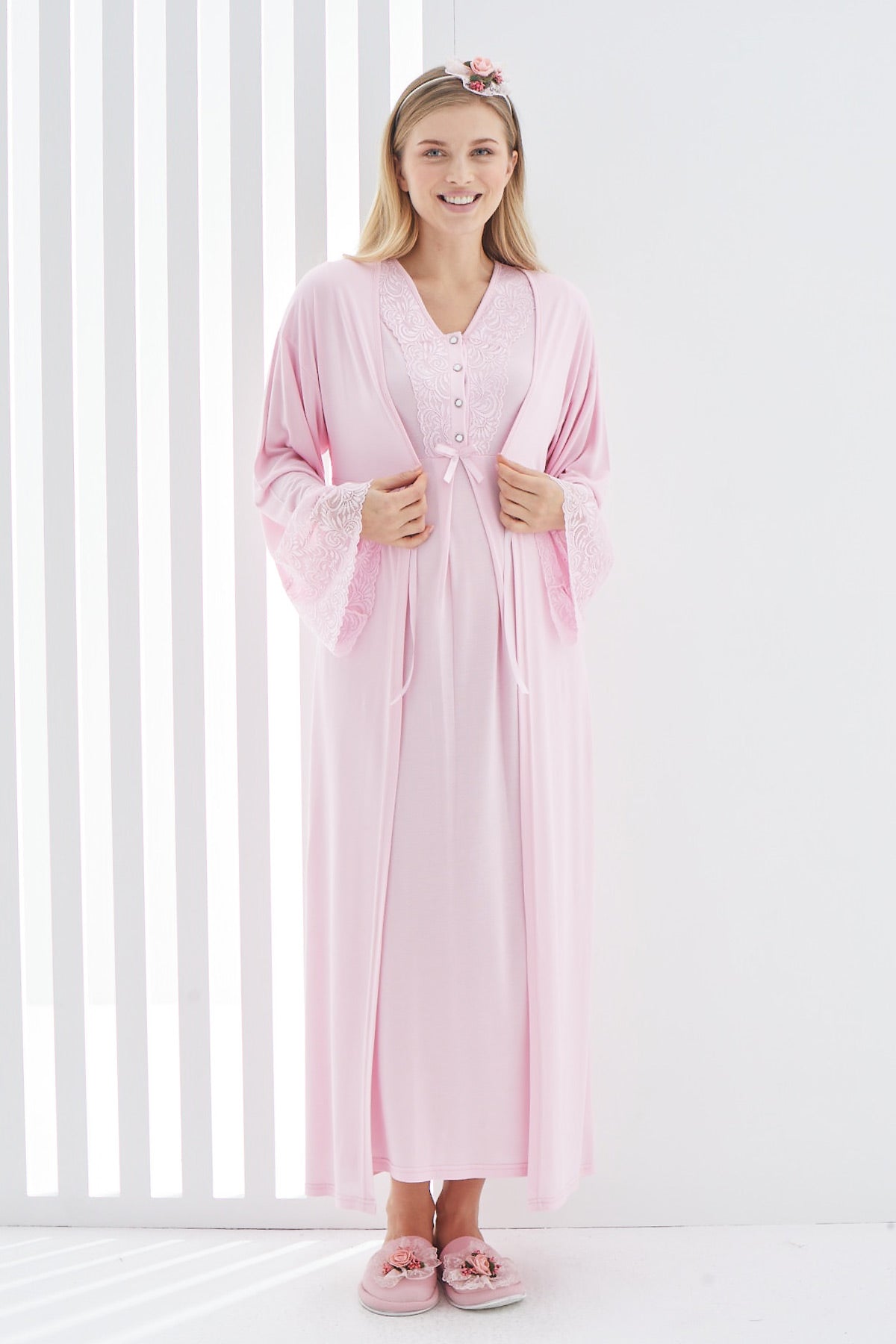 Maternity & Nursing Nightgown With Lace Flywheel Arm Robe Pink - 2269