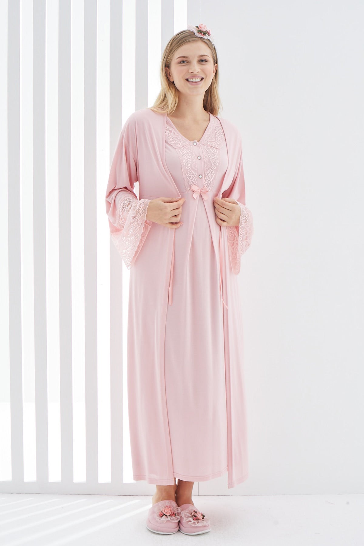 Maternity & Nursing Nightgown With Lace Flywheel Arm Robe Powder - 2269