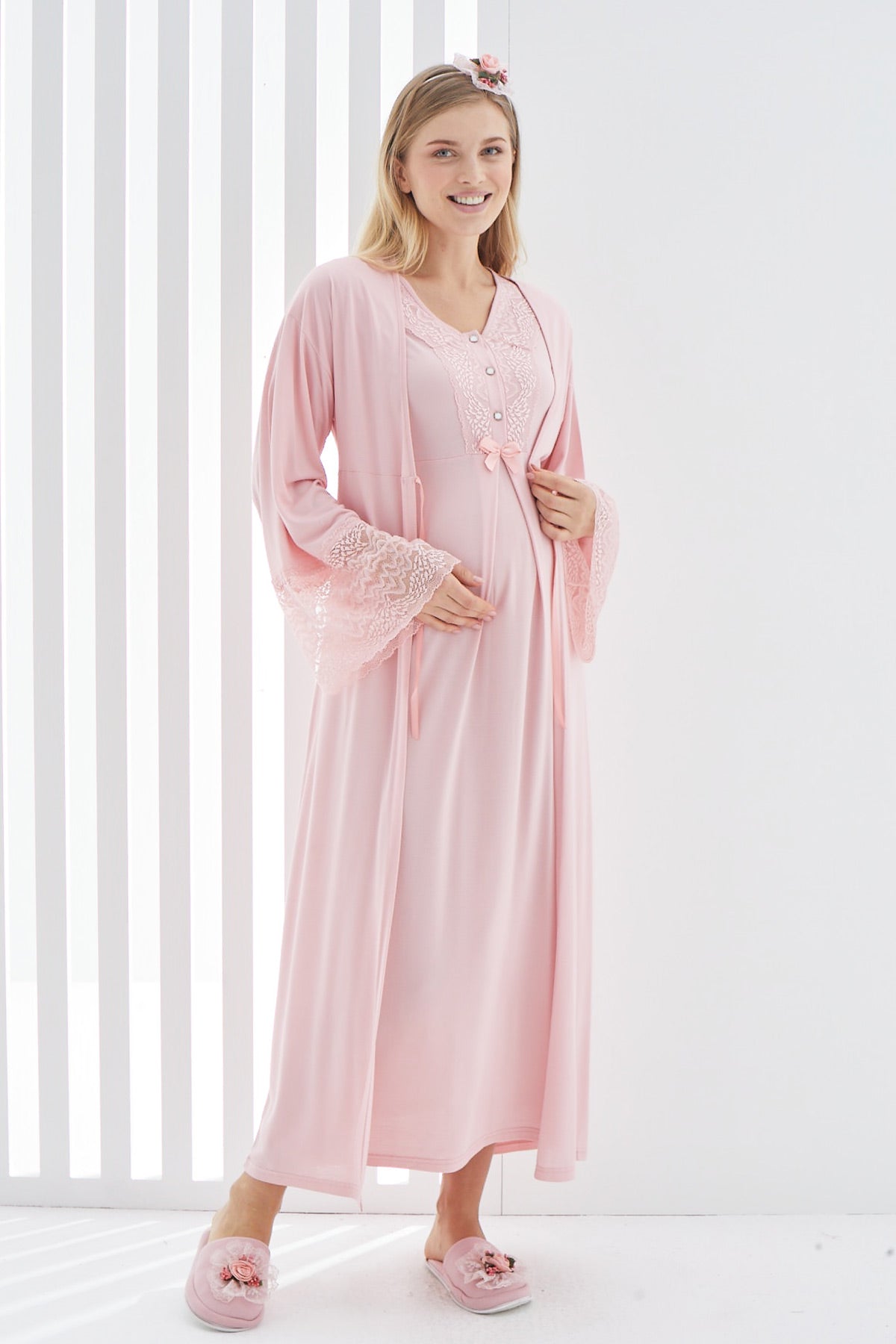 Lace Flywheel Arm Maternity-Nursing Nightgown & Robe Set Salmon - 2269