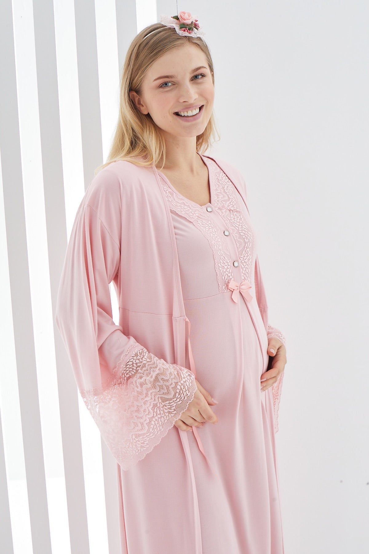 Lace Flywheel Arm Maternity-Nursing Nightgown & Robe Set Salmon - 2269