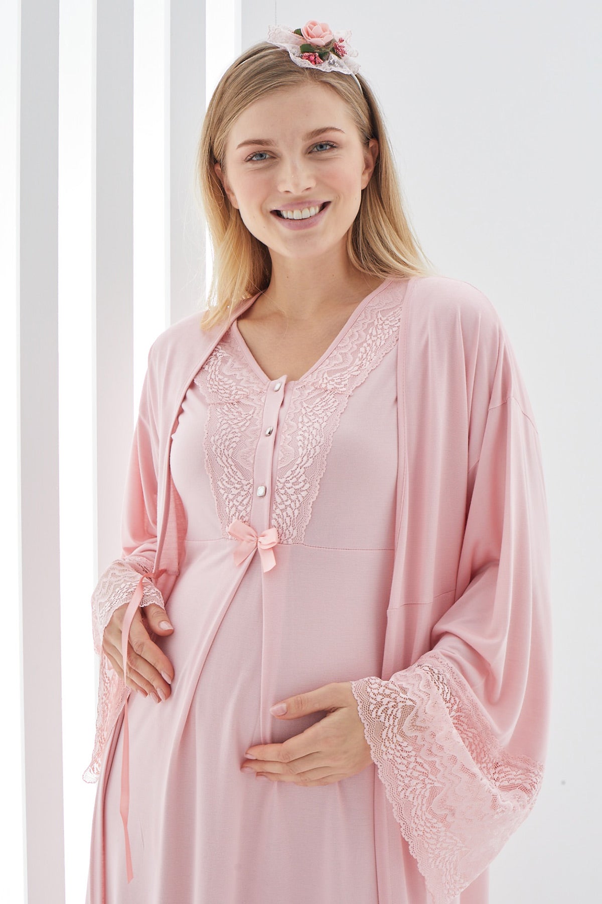 Lace Flywheel Arm Maternity-Nursing Nightgown & Robe Set Salmon - 2269