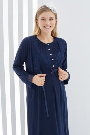 Lace Detailed Maternity & Nursing Nightgown With Robe Navy Blue - 2270