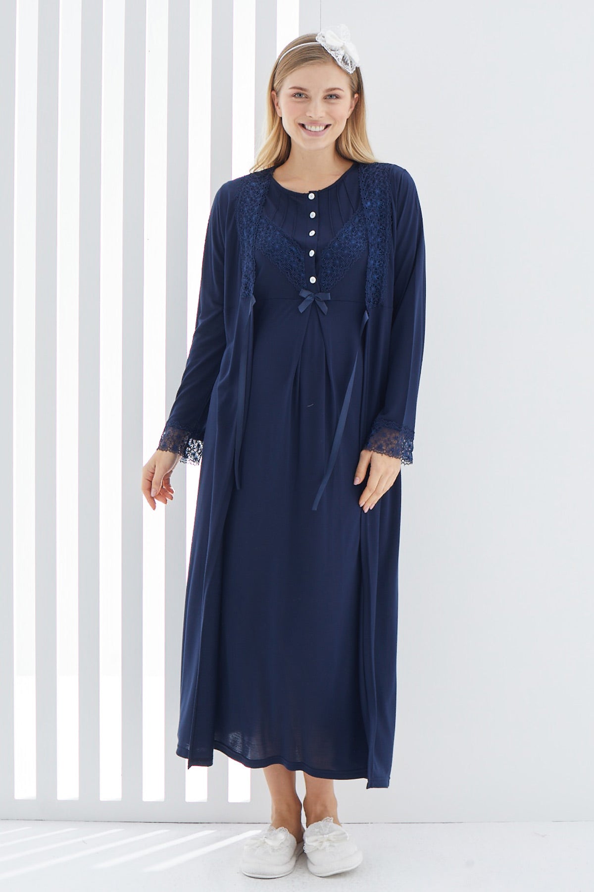 Lace Detailed Maternity & Nursing Nightgown With Robe Navy Blue - 2270