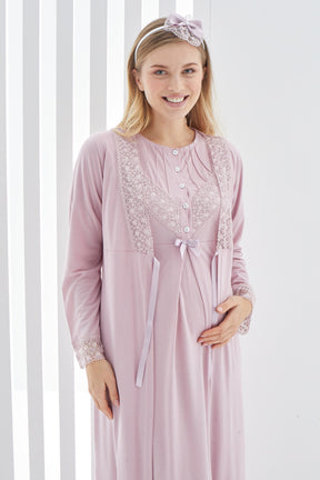 Lace Detailed Maternity & Nursing Nightgown With Robe Dried Rose - 2270