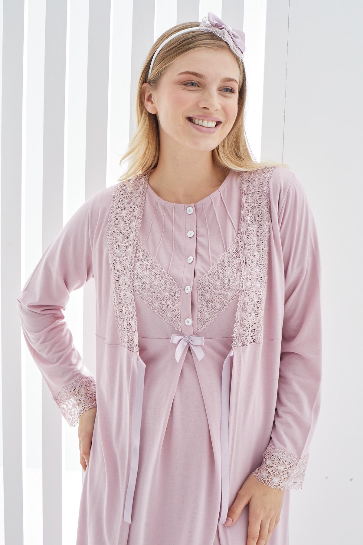 Lace Detailed Maternity & Nursing Nightgown With Robe Dried Rose - 2270