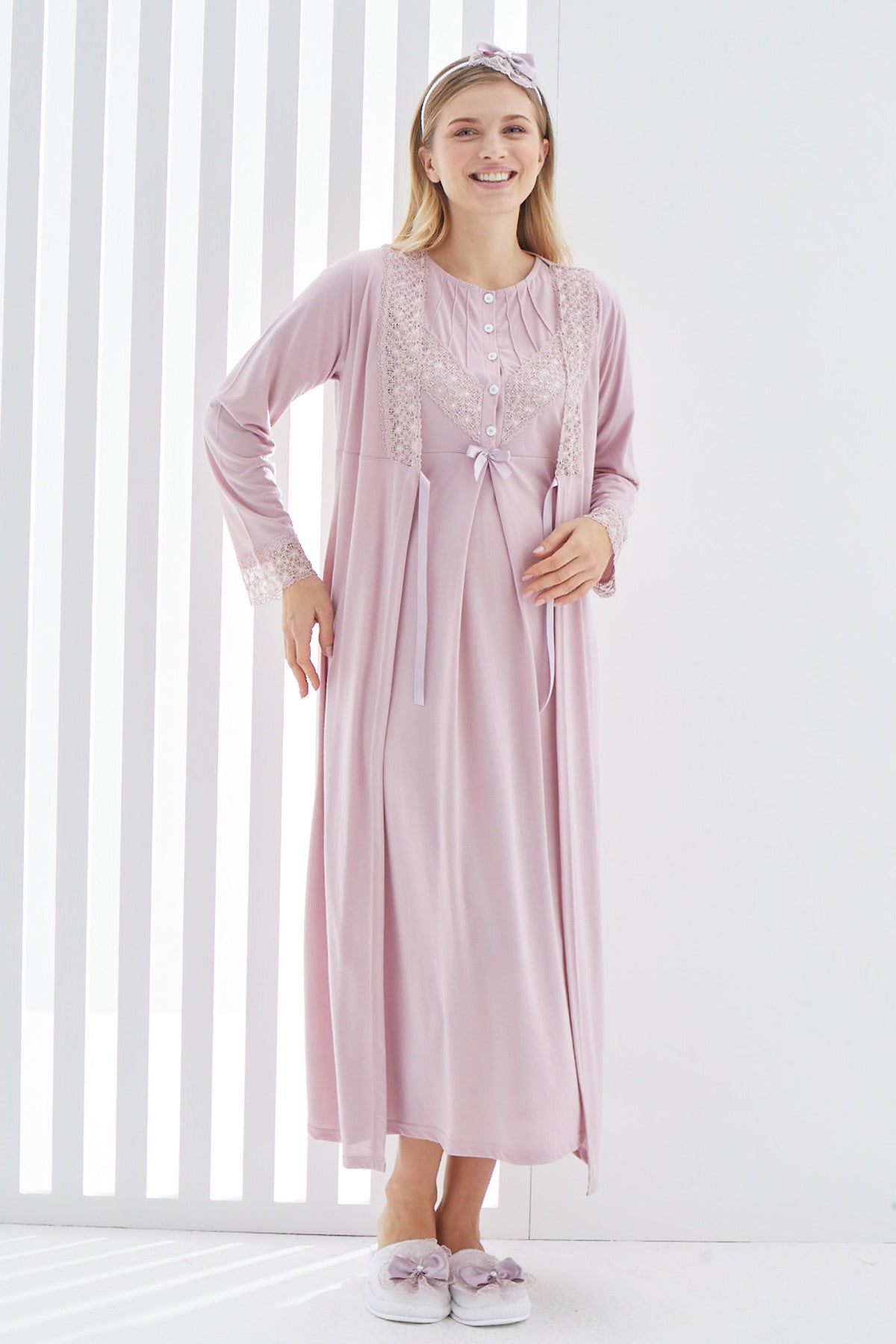 Lace Detailed Maternity & Nursing Nightgown With Robe Dried Rose - 2270