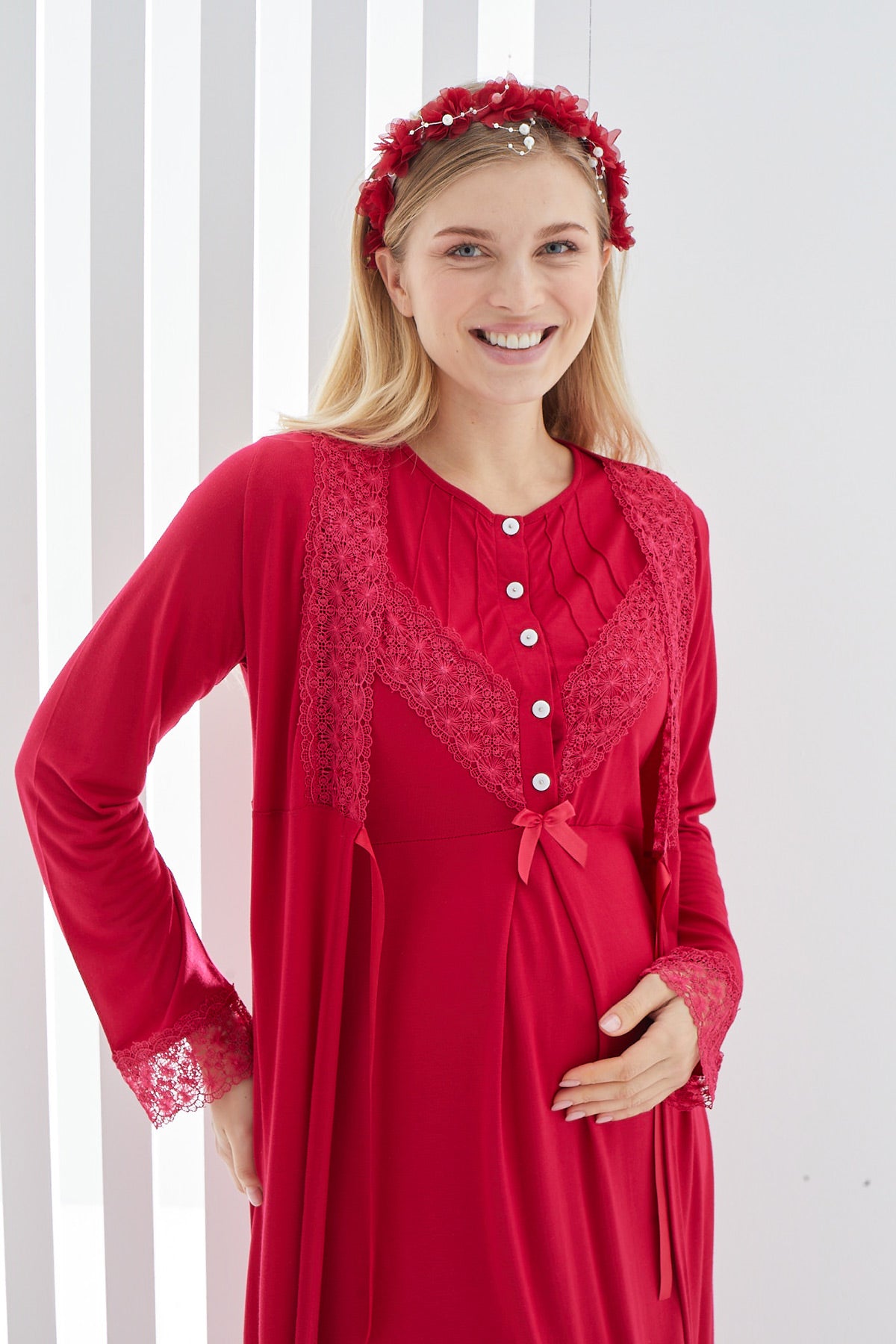 Lace Detailed Maternity & Nursing Nightgown With Robe Red - 2270